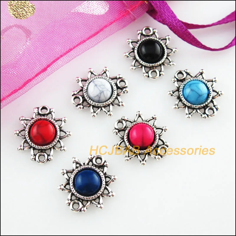 24 sztuk tybetański srebrny kwiat mix kamieni Charms wisiorek złącza 14x14.5mm