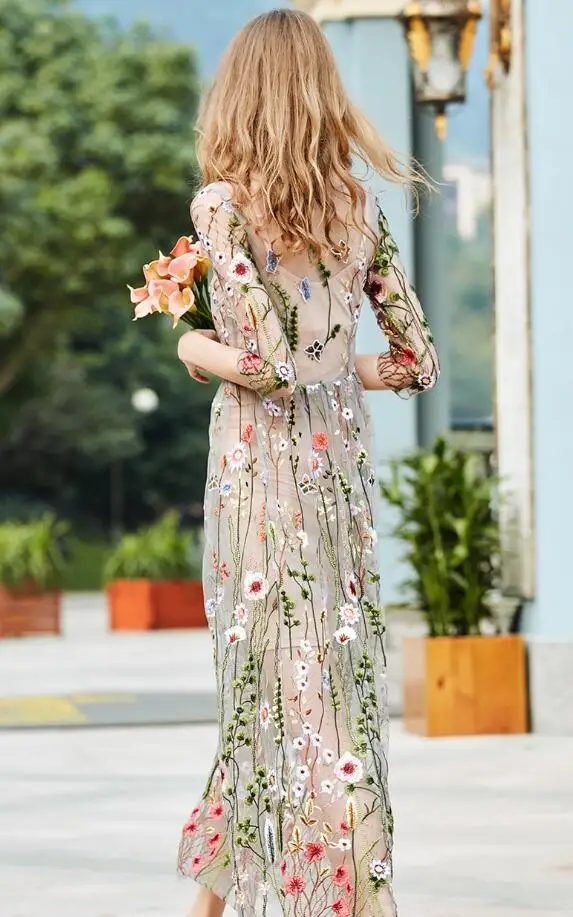 Robe De soirée en maille transparente, sexy, demi-manches, avec fleurs brodées, à la mode, 2022, q208