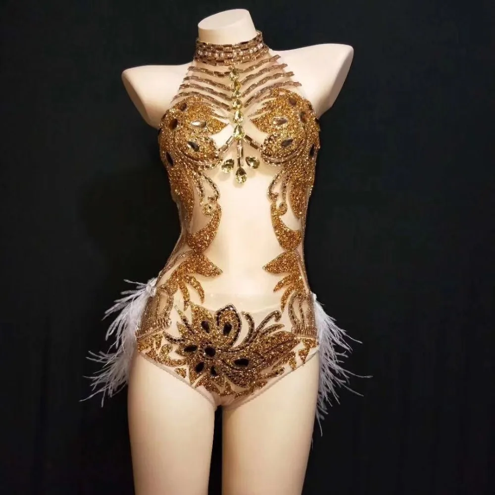 New Gold Party Stage Wear Crystals Shining Feather Sexy Bodysuit Outfit Female Modern One Piece Sexy Rhinestone Costumes