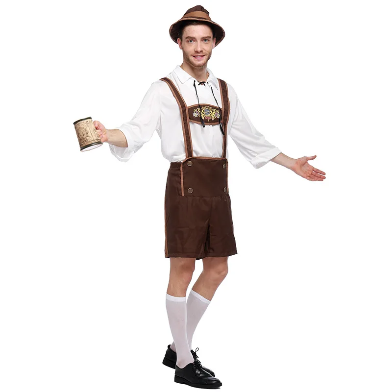 Plus Size M-XXL German Festival Beer Mens Costume Bavarian Oktoberfest Costume Adult Party Carnival Halloween Costume + hat