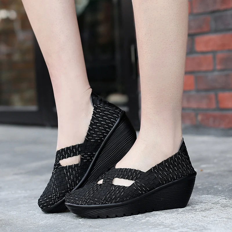 Women Shoes Flats Summer Sneakers Slip On Breathable Platform Woven Shoes Casual Footwear Handmade Fashion Tenis 4.5 CM High