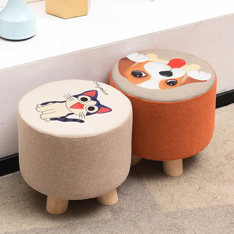 Petit Tabouret en Bois avec Juste en Lin et Coton, Bancs de Salle à Manger, Meubles de Travail à Domicile, Canapé, Fauteuil Rond Animal, Omans, 24