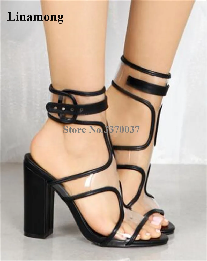 

Women Summer Hottest Open Toe Transparent Chunky Heel Sandals Cut-out PVC Strap Cross Thick Heel Sandals Formal Dress Shoes