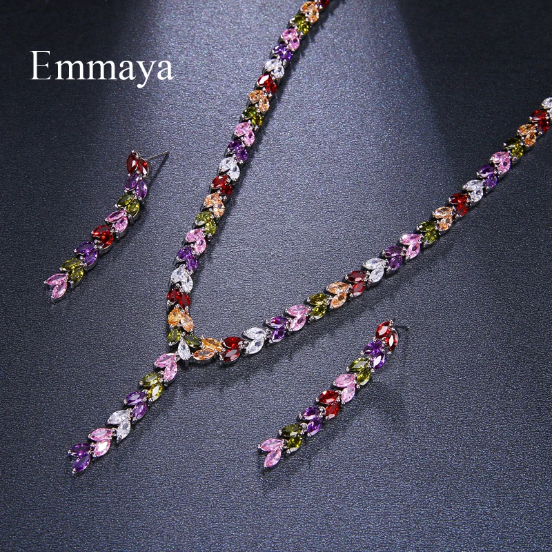 Emmaya Luxury Colorful Sparking  Cubic Zircon Drop Earring Necklace Heavy Party Jewelry Set Wedding Bridal Dress Gift