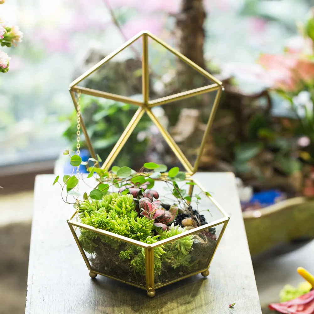 Vintage Decorative Jewelry Chest Geometric Terrarium Box Storage  Made of Glass and Brass Tone A