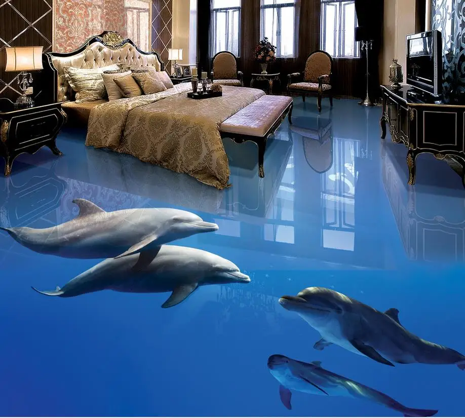 

Custom 3D Painting Floor Wallpaper PVC Adhesive Dolphin Blue Sea Bottom 3D Bathroom Living Room Floor Painting 3D Wallpaper