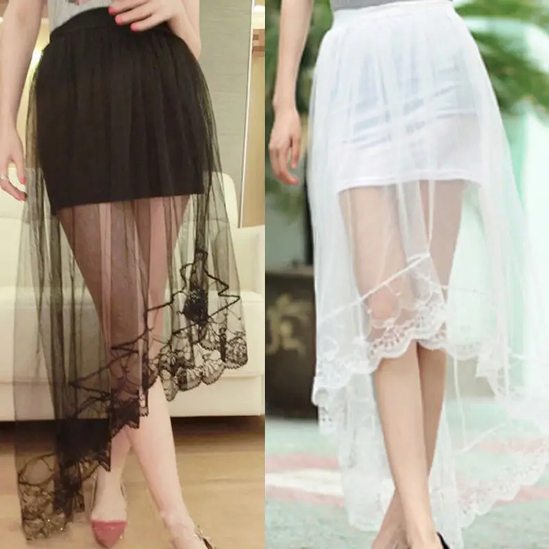 Women's Stretch Plain High Waist Skater  Lace Sexy summer Flared Pleated Skirt Maxi Black See-through