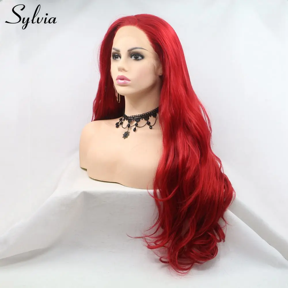 Sylvia Long Hair Red Color Wavy Synthetic Lace Front Wig For Women Side Part Heat Resistant Glueless Cosplay Wigs Makeup Wedding