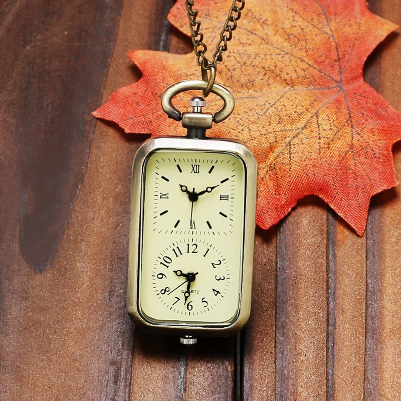 Bronze Dual Double Time Zone Rectangle Pocket Watch Quartz Movement Car T-shirt Key Lock Cross Women Ladies Dress Necklace Gifts