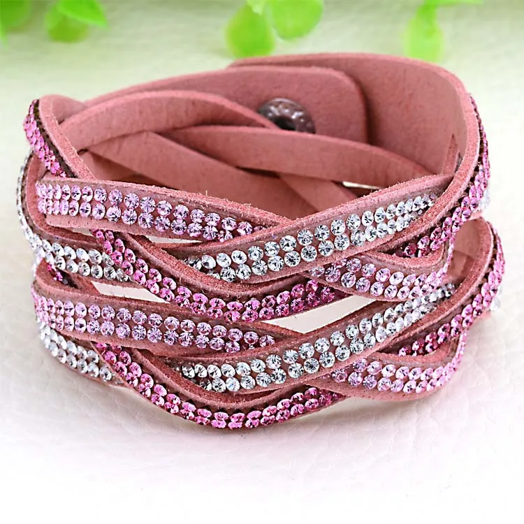 Miasol Braided Suede Leather Double Wrap Bracelet With Biling Crystal Rhinestone Wrapped Bracelet Armband For Women Gift