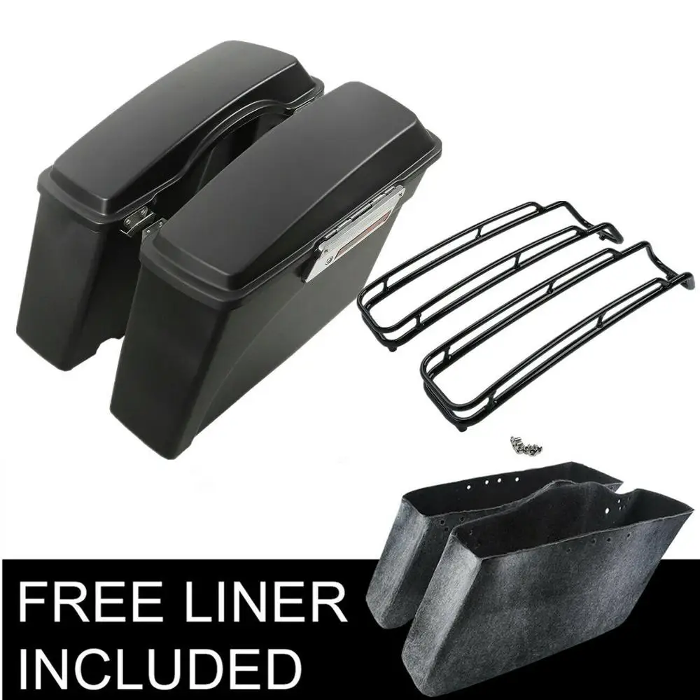 Motorcycle Matte Black Saddlebags W/ Lid Top Rail Guard For Harley Touring Road King Street Glide Road Glide 1994-2013