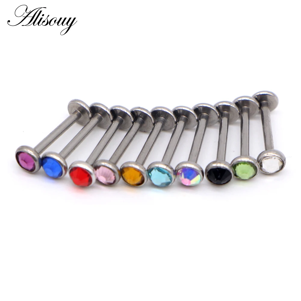 Alisouy 1pc Cartilage Stainless Steel Earring Flat CZ Crystal 16G Labret Lip Piercing Tragus Rings Helix Ear Stud Body jewelry