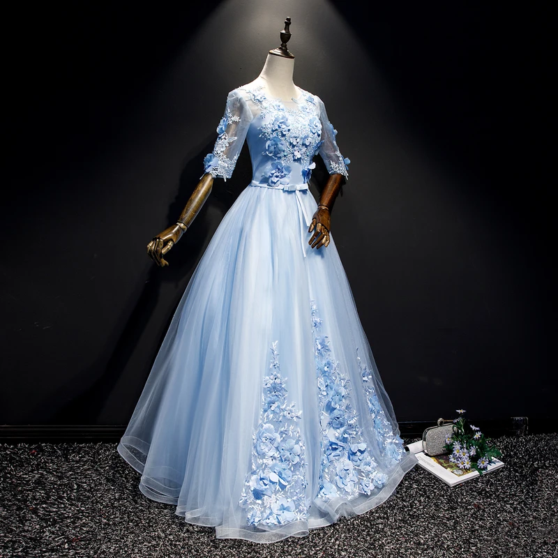 Ánh Sáng Xanh Dương Quinceanera Đầm Tay Lửng 3D Hoa Bầu Vũ Hội Chính Thức Đầm Đầm Vestido 15 Anos Vestidos De Quinceaneras