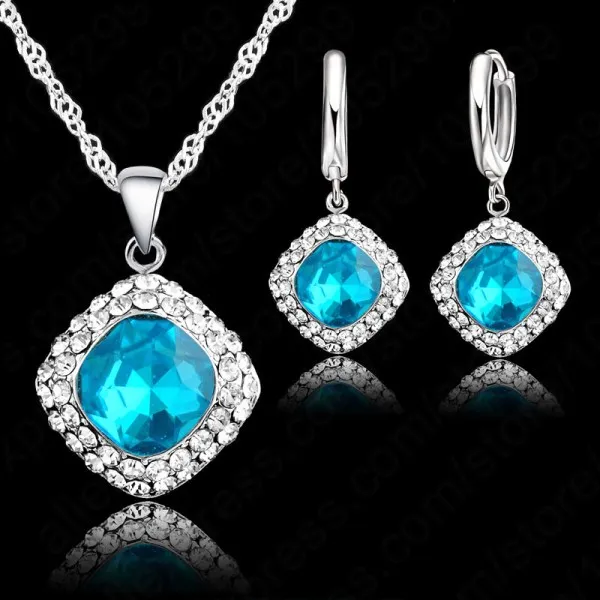 High Quality 925 Sterling Silver Needle Jewelry Set Short Chain Charm Square Pendant Necklace Earring Crystal for Women image 5
