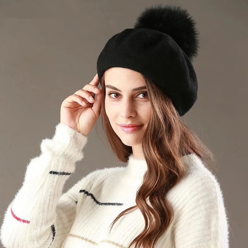 VISROVER new beret hat female winter knitted wool cap fake fur pompom hat solid color top quality Women Boina Feminina