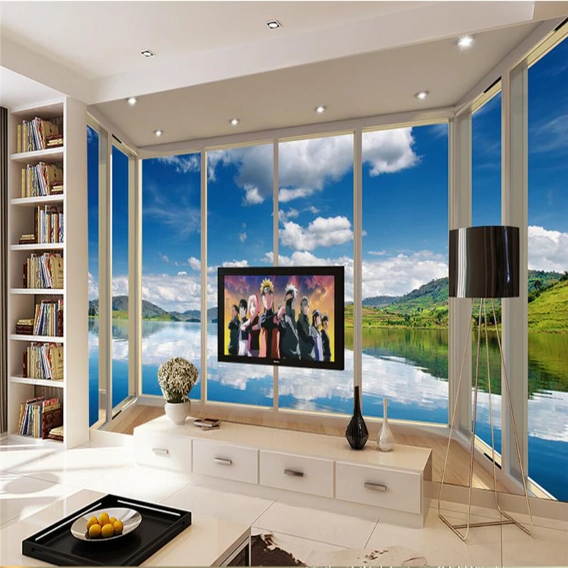 beibehang Custom photo wallpaper wall stickers most beautiful 3d floor balcony calm lake blue sky white background wall