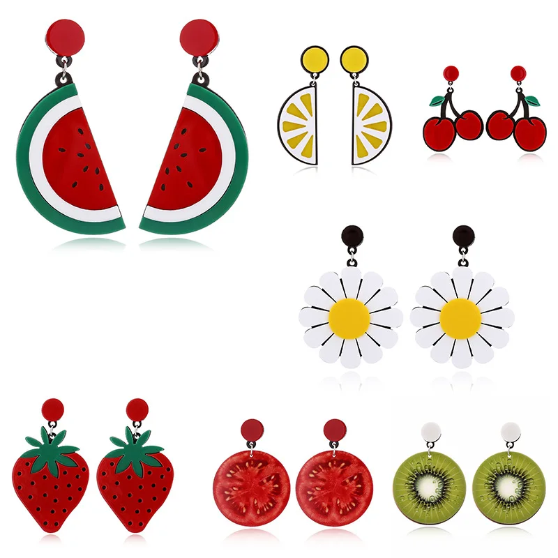 FishSheep Cute Acrylic Fruits Drop Earrings Lovely Strawberry Lemon Flower Big Dangle Earrings for Women Fashion Party Jewelry