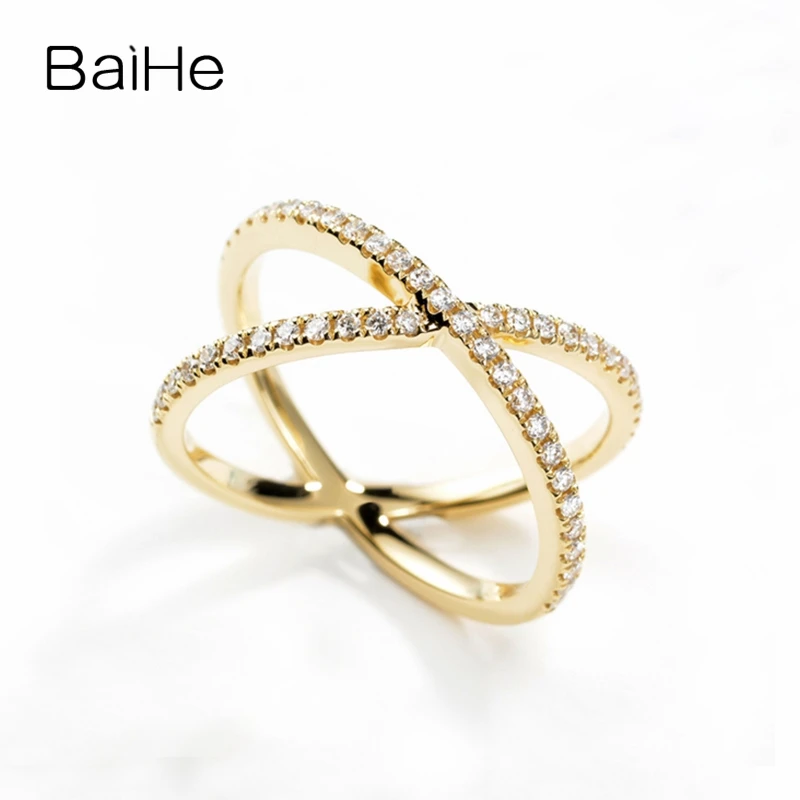 BAIHE Solid 14K Yellow Gold 0.28ct H/SI Natural Diamond X Ring Women Engagement Trendy Fine Jewelry Making Anel squillo prsten