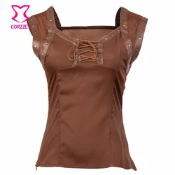 Victorian Gothic Bolero Brown Rivet Slik&leather Sleevelesss Lace up Vest T-shirt Women Sexy Steampunk Tanks Top Matching Skrit