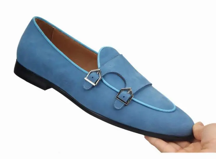 Fashion Blue Suede Men Loafers Men\'s Moccasins Casual Shoes Flats Dress Shoes Double Buckles Wedding Shoes Large Size