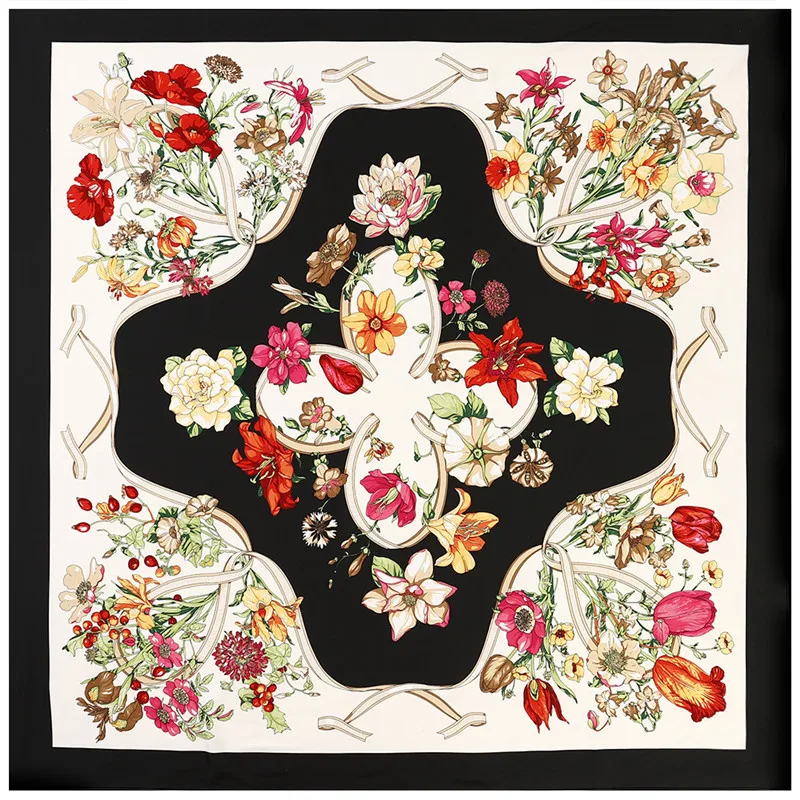 POBING Silk Scarf Women Large Shawls Flowers Print Stoles Square Bandana Luxury Kerchief Scarf Female Foulards 130CM