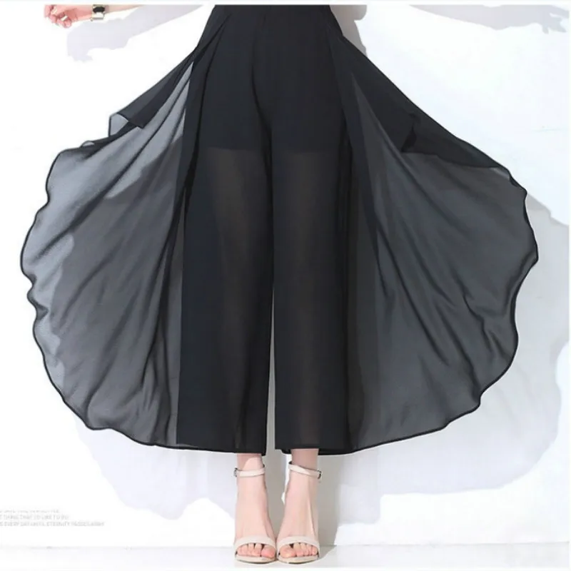 

2018 New Summer European Style Plus Size 5XL Women Trousers Casual Loose Chiffon Calf- Length Pants Black Wide Leg Ladies Pan