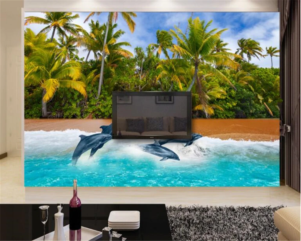 

Beibehang на заказ усовершенствованные обои из шелковой ткани кокосовый пляж дельфин 3d ТВ фон papel de parede 3d обои Tapety