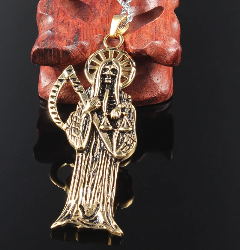 Hip Hop Vintage Holy Saint Death Santa Muerte Skull Biker Pendant Golden Necklace Stainless Steel Man Women Religious Jewelry