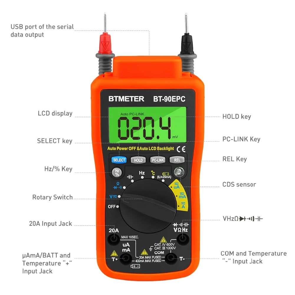 BT-90EPC Digital Multimeter Auto Range 4000 Counts AC/DC Voltage Meter Tester for Resistance Capcitance Frequency with USB