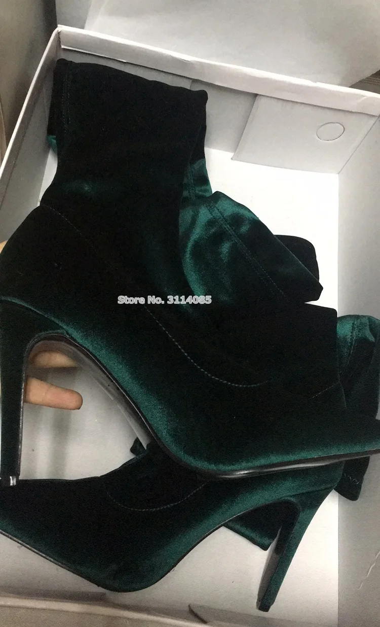 New Year Women Dark Green Velvet Over The Knee High Boots Pointed Toe Luxurious Stiletto Heels Thigh High Boots Dress Shoes