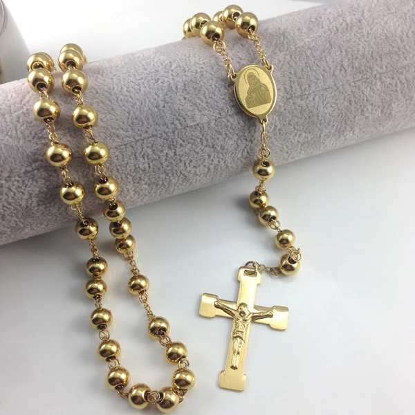 Fashion Jewelry Stainless Steel Rosary Necklace, Virgin Cross Of Jesus Pendant Necklaces , Heavy Gold Color Hip hop Men Jewelry