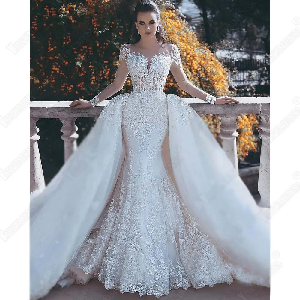 Yiwumensa abiti da sposa mangas compridas apliques 2 em 1 vestido de noiva cristais frisado destacável trem sereia vestidos de casamento 2021