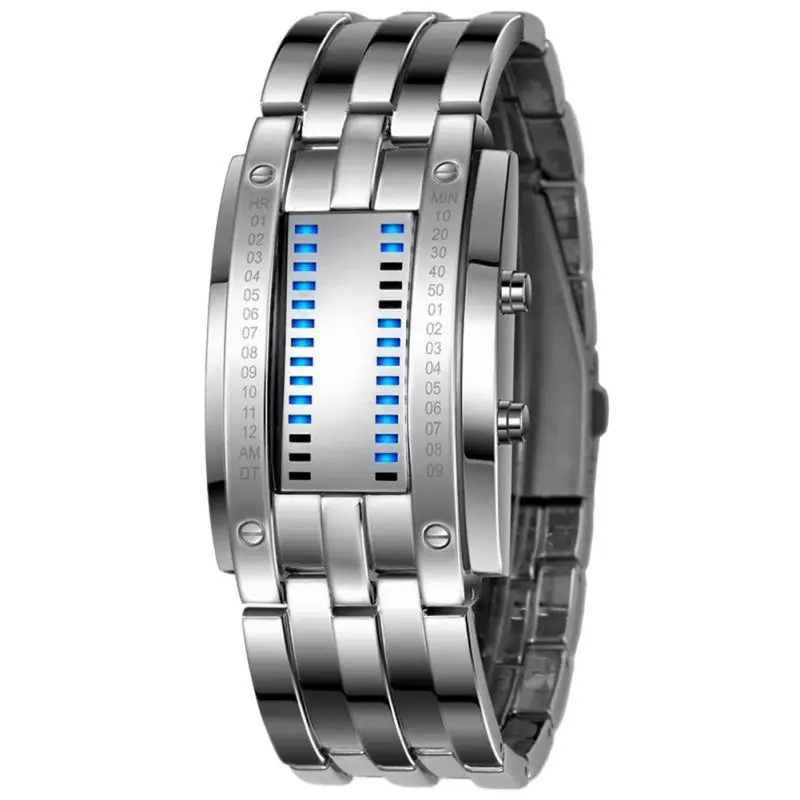 Future Technology Binary Black Stainless Steel Couple Watch Date Digital LED Bracelet Sport Watches