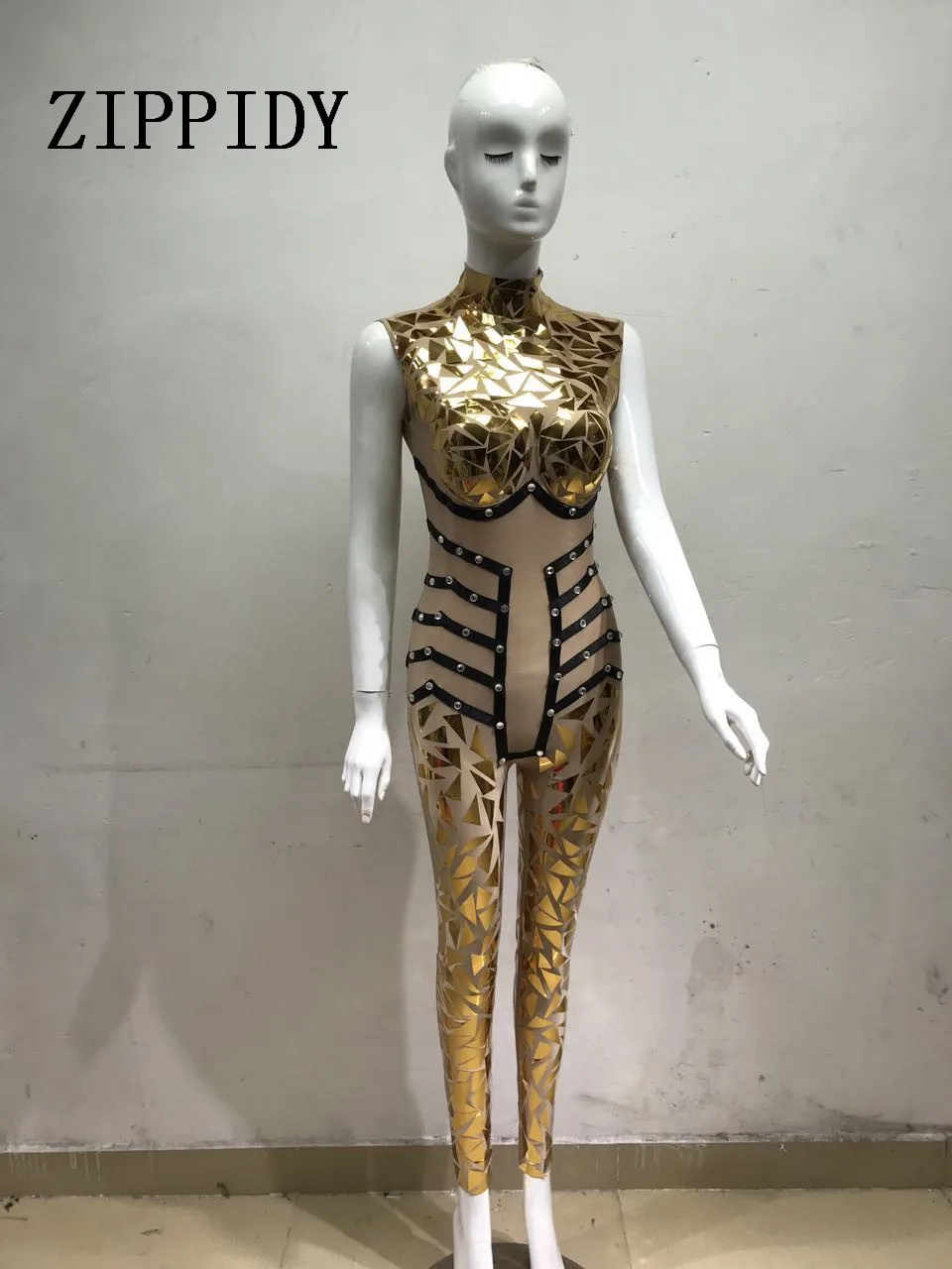 New Style Sparkly Gold Sequins Jumpsuit Sexy Glisten Crystals Costume Evening Outfit Party One-Piece Design Stage Show Rompers