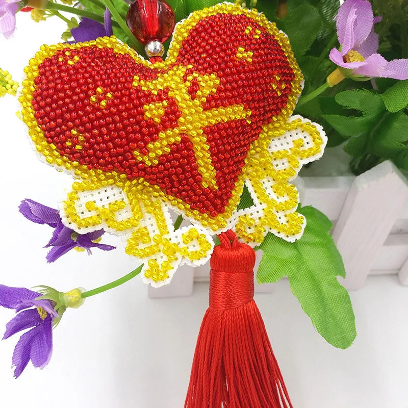 Peace lucky bead cross stitch kit printed 14ct plastic canvas DIY handmade craft needlework Chinese style Car Pendant tassel