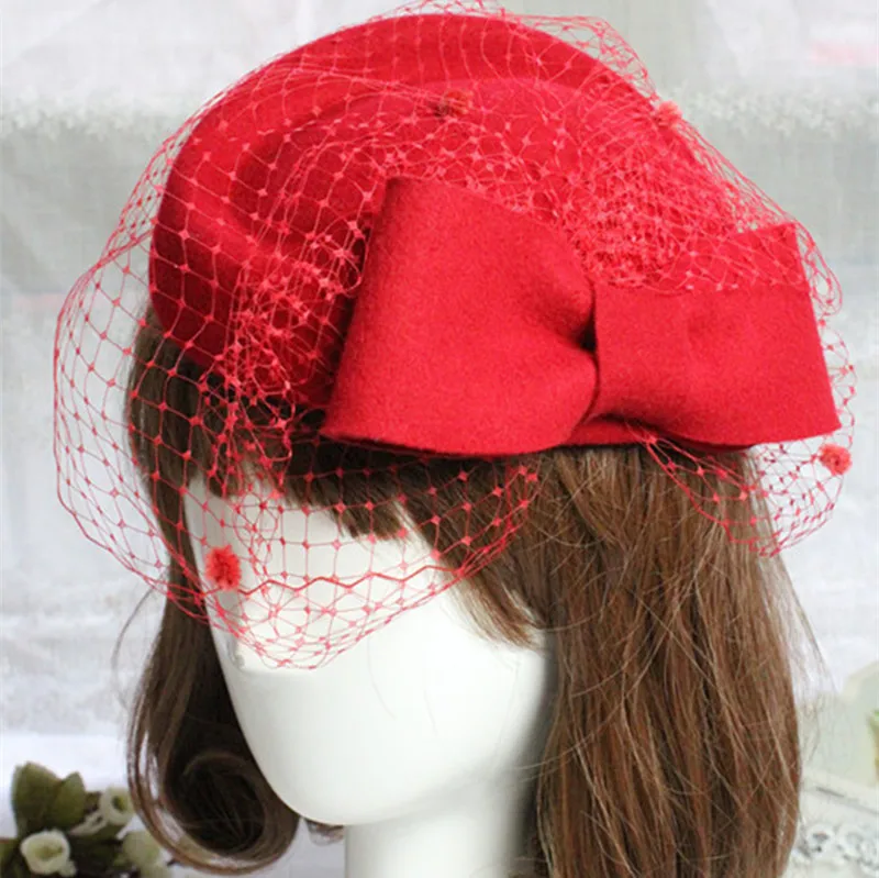 Lady 100% Wool Fedoras Hat Girls Veil Party Cap British Retro Berets Woolen Hats Red Bride\'s Headdress Female Bow Cap B-8855