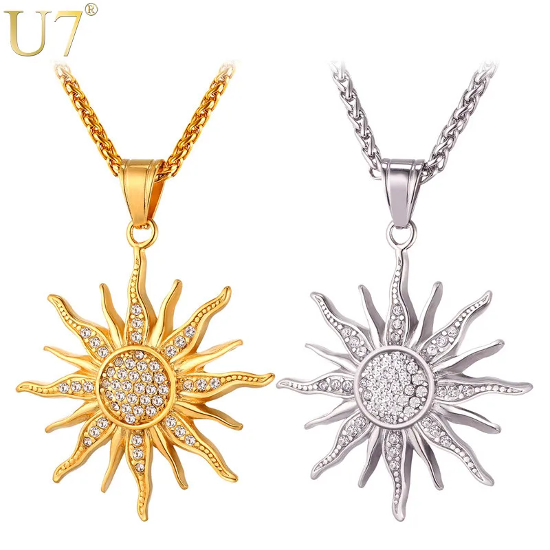 

U7 Sunflower Necklace For Women White Rhinestone CZ Stainless Steel Link Chain Daily Jewelry