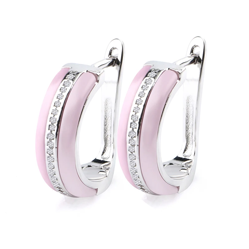 New Trendy Earrings For Women Romantic Smooth Light Pink One Row Rhinestone Ceramic D Shape Stud Earrings Wedding Christmas Gift