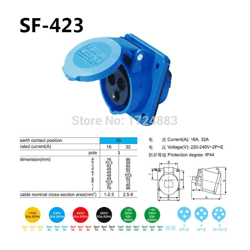 32A 3 pole connector Industrial male&female sockets SF-123/SF-323/SF-423/SF-523/SF-623/SF-123L waterproof IP44 220-240V~2P+E