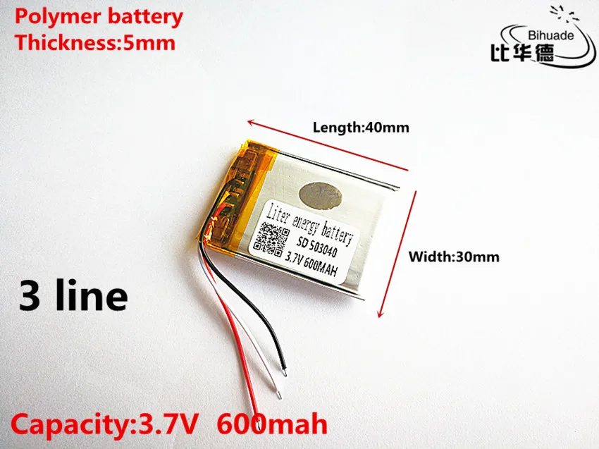 3 line Good Qulity 3.7V,600mAH,503040 Polymer lithium ion / Li-ion battery for TOY,POWER BANK,GPS,mp3,mp4