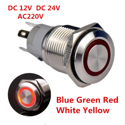 DC 12V DC 24V ac220 V красный зеленый желтый светодисветодиодный 16mm нержавеющая сталь мгновенный кнопочный переключатель SPDT