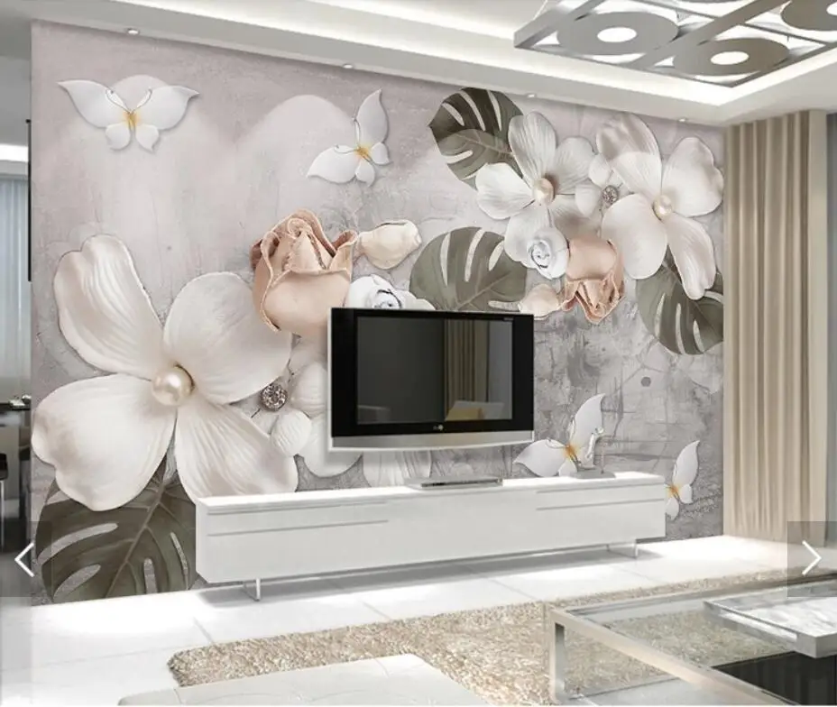 

3D Embossed White Flower Wallpaper Mural HD Printed Photo Wall Murals for Bedroom Floral Wall Paper Roll Contact Paper Custom