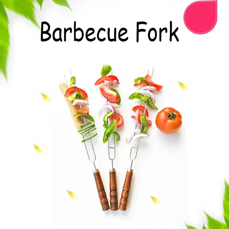 Meat Fork Sticks Wooden Handle Skewer Long Grill Stainless Steel Picnic Skewers Roast Outdoor Roast Meat Tools 42cm 4/6/12pcs