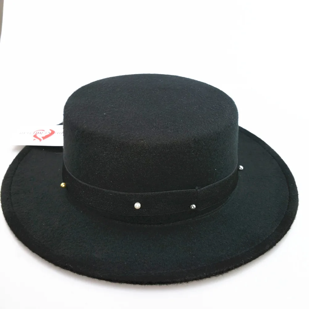 2017 new pearl chapeau femme Vintage fashionable black top felt fedora hat men sombrero bowler church trilby hats for women