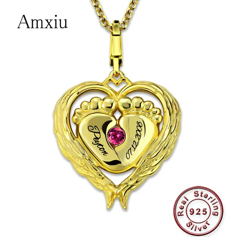 Amxiu Personalized Heart Pendant Necklace 925 Silver Baby Feet Necklace DIY Family Name Necklace For Woman Mother's Gift Jewelry