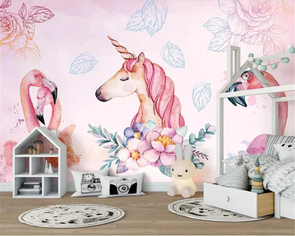 

Beibehang custom made children's room background 3d wallpaper flamingo unicorn flower and bird background wall 3d wallpaper