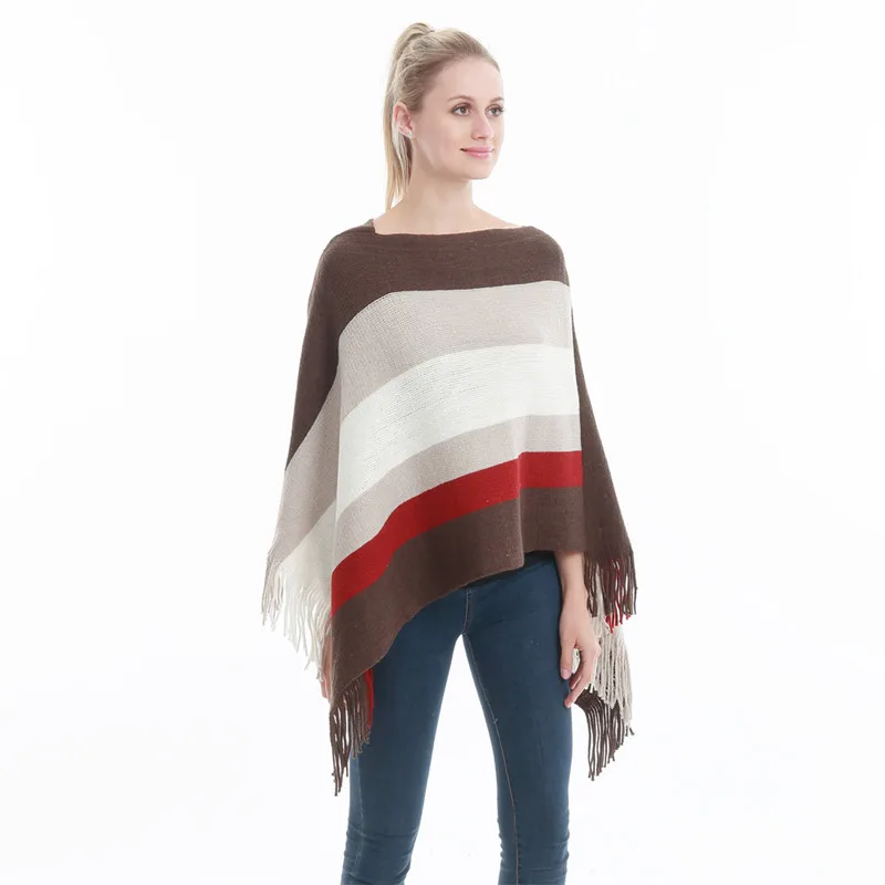 Pull Poncho épais pour femme, tricot, écharpe, manches chauve-souris, rayé, sans manches, grande taille, collection automne et hiver