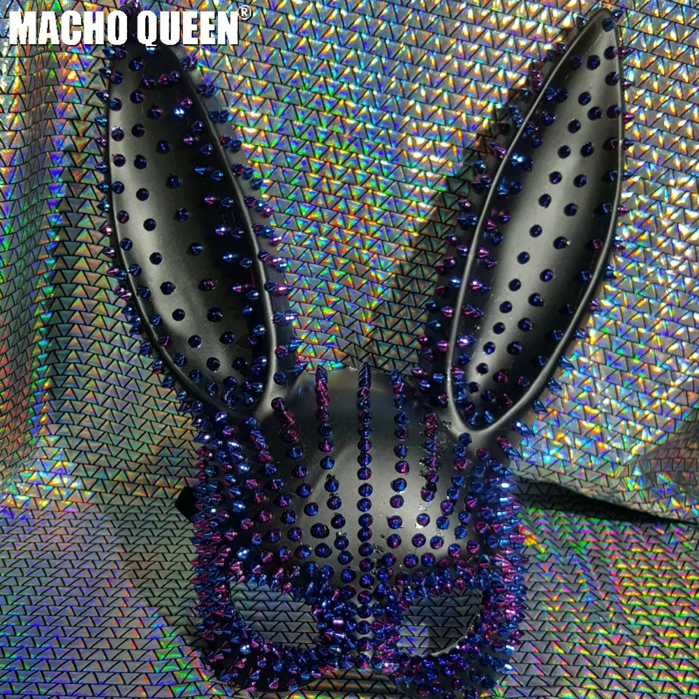 Holographic Burning Man Spike Bunny Couture Face Mask Costumes Headdress Festival Rave Clothes Outfits Gear Halloween Masquerade