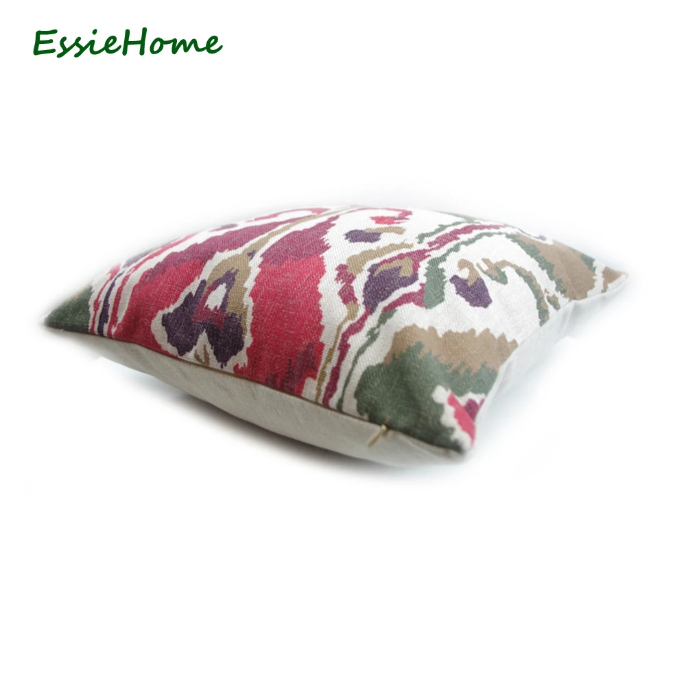 ESSIE HOME High-End Hand Print Light Dark Red Green Brown Ikat Pattern Pillow Case Cushion Cover Sofa Vintage Look Home Decorati