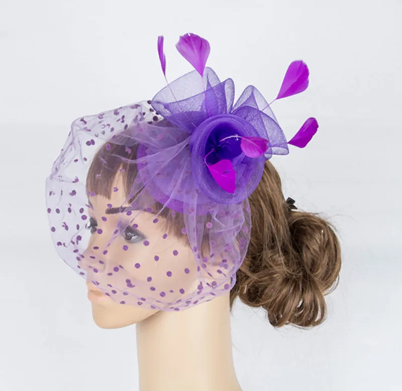 JaneVini Sombrero Boda – chapeaux de mariage violets pour femmes, chapeaux de mariée élégants, voile de visage en maille plume, coiffure de mariée Vintage